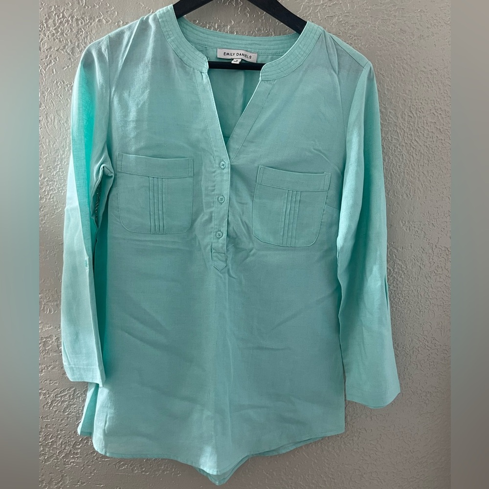Emily Daniels Women’s Aqua Linen Tunic‎ Top Size Small